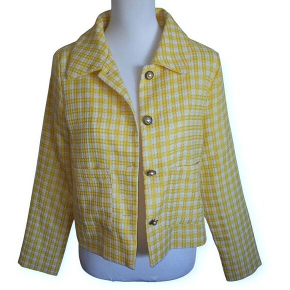 AURA RED DRESS YELLOW TWEED JACKET W/PEARL BUTTONS SZ.L NWOT. - Picture 6 of 10